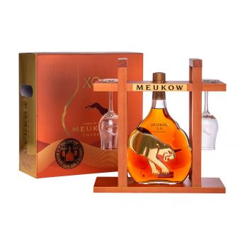 Meukow XO Cognac Geschenkpackung Holzgestell mit 2 Gläsern 70cl